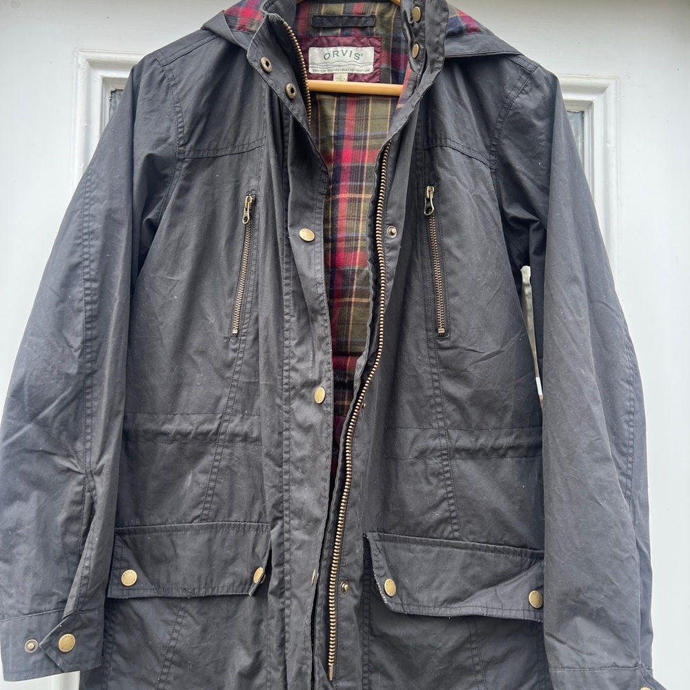 Thin British Barbour Style Orvis Charcoal Field Jacket with Tartan Lining
